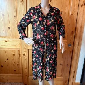 Vintage 90s Sareet Rayon Duster M Midi Floral Whimsigoth Black Flower Buttons